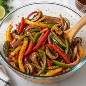 Fajita vegetables tossed in smoky lime marinade until evenly coated