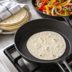 Flour tortilla warming in a dry skillet for vegetable fajitas