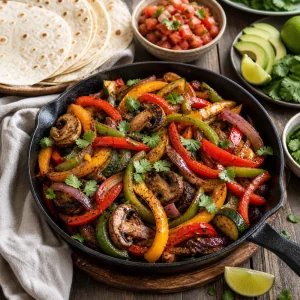 Sizzling vegetable fajitas served with warm tortillas, avocado, lime, and salsa