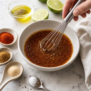 Smoky lime fajita marinade whisked with chili powder, cumin, and paprika