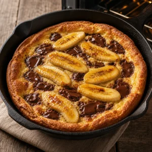 Gebackener Pfannen-Pancake mit geschmolzener Schokolade und Bananen