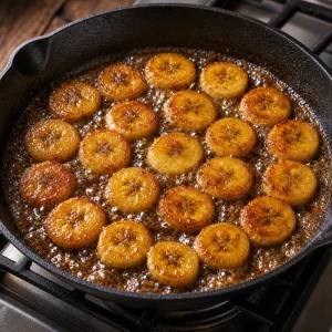 Bananenscheiben karamellisieren in Butter und braunem Zucker