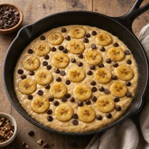 Teig mit Bananen und Schokostueckchen in der Pfanne