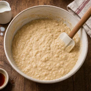 Klumpiger Pancake-Teig in einer Keramikschuessel