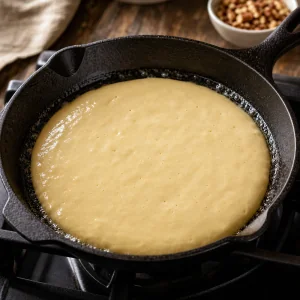 Pancake-Teig in einer gebutterten Gusseisenpfanne