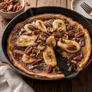 Pfannen-Pancake mit geroesteten Pekannuessen und Puderzucker