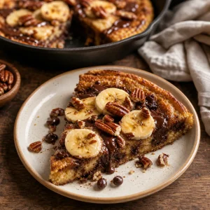 Warmes Pancake-Stueck mit frischer Banane und Schokolade