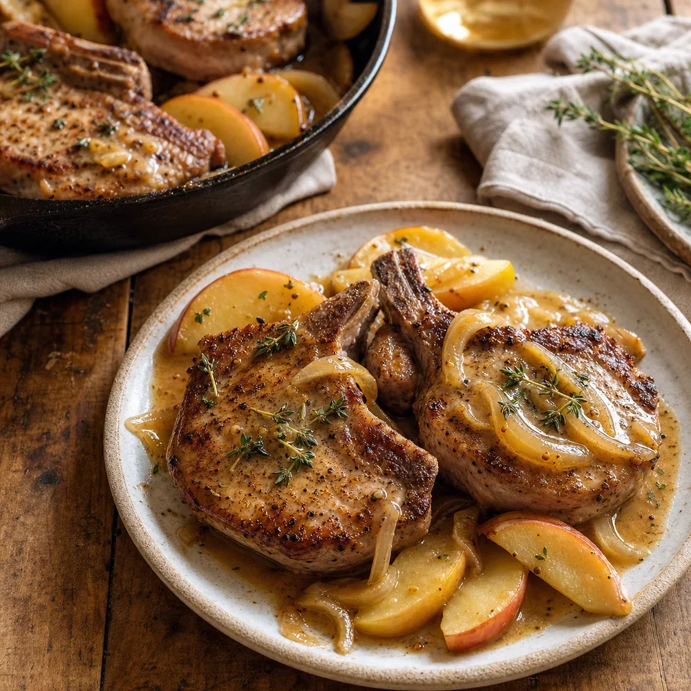 Skillet pork chops with apples, onions, and pan sauce