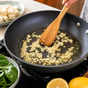 Gehackter Knoblauch sanft in Olivenoel in einer beschichteten Pfanne angebraten