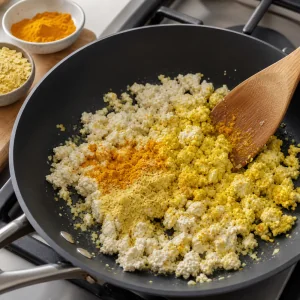 Zerbroeselter Tofu mit Kurkuma und Naehrhefe gemischt bis er leuchtend gelb ist