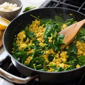 Frischer Spinat unter gelben Tofu Scramble gehoben bis er leicht zusammenfaellt