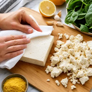 Gepresster Tofu trockengetupft und in Stuecke zerbroeselt
