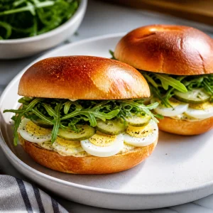Closed egg sandwiches with visible arugula and pickle layers