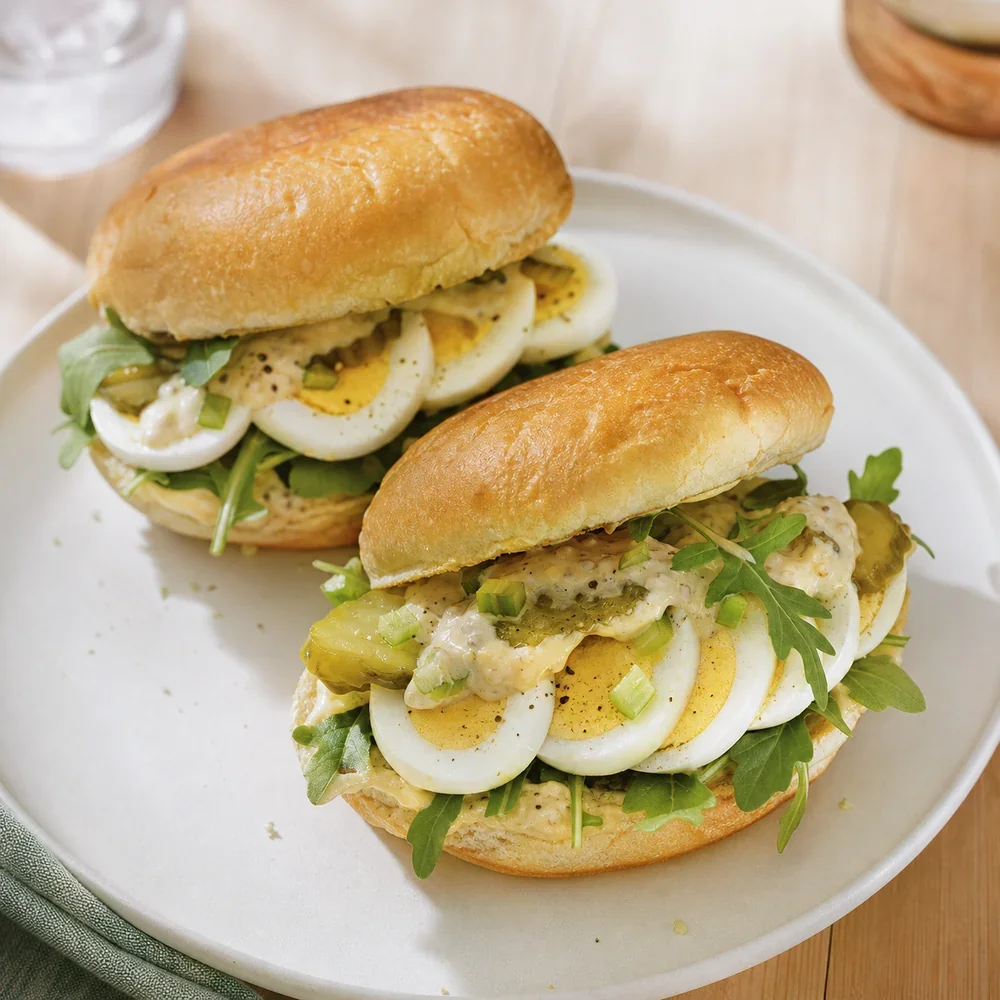 Finished sliced egg sandwiches with arugula and pickles on toasted rolls