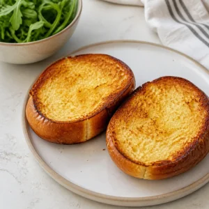 Golden toasted roll halves cooling on a plate