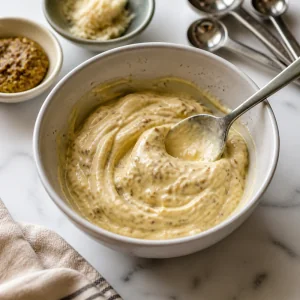 Mustard horseradish mayonnaise stirred in a small bowl