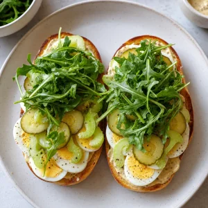 Pickles, celery, and arugula layered over sliced eggs
