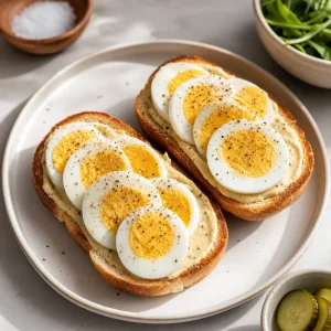 Sliced hard-boiled eggs arranged on spread rolls