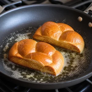 Split rolls toasting in butter in a skillet