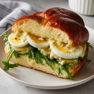 Finished sliced egg sandwich with arugula and pickles on a toasted roll
