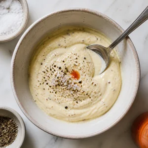 Seasoned Dijon horseradish spread with pepper flecks in a small bowl