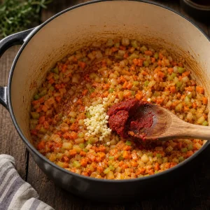 Verdure aromatiche e concentrato di pomodoro in casseruola