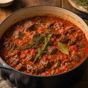 Ragu di manzo che sobbolle con pomodori ed erbe fresche