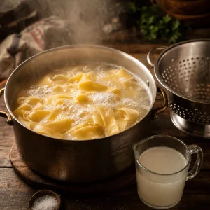 Nastri di pappardelle che bollono in acqua salata