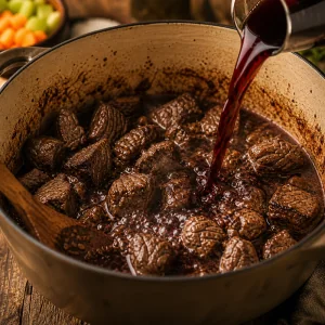 Vino rosso che deglassa manzo rosolato in casseruola