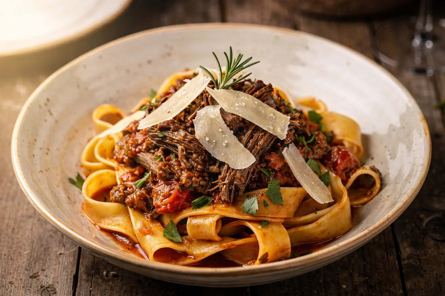 Ragù di spalla brasata lentamente e pappardelle, ricco