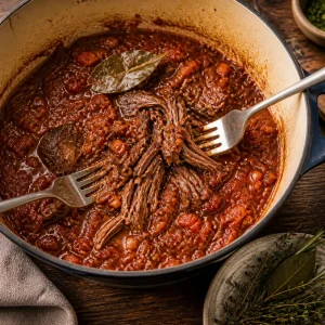 Manzo brasato tenero sfilacciato nel ragu di pomodoro