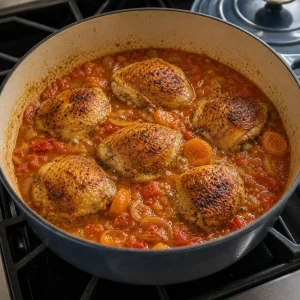 Gebräunte Hähnchenschenkel schmoren in Tomaten-Aprikosen-Sauce