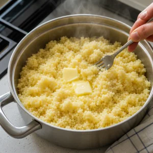 Lockerer Couscous wird mit schmelzender Butter vermischt