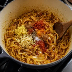 Knoblauch, Ingwer und marokkanische Gewürze rösten mit Zwiebeln