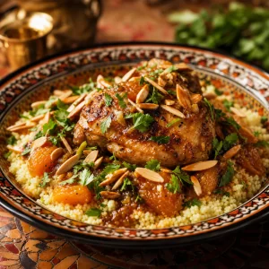 Marokkanisches Hähnchen mit Aprikosen, Mandeln und Couscous