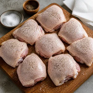 Rohe Hähnchenschenkel mit Salz und Pfeffer gewürzt