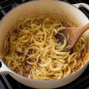 Zwiebelstreifen garen in Olivenöl mit geröstetem Bratensatz