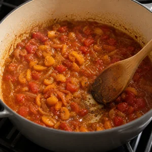 Tomaten-Aprikosen-Sauce köchelt im Schmortopf