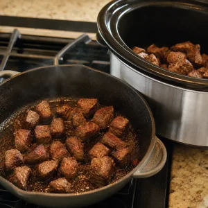 Cubetti di manzo rosolati in padella prima di essere trasferiti nella slow cooker