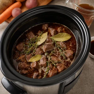 Birra brodo alloro e timo aggiunti al manzo rosolato nella slow cooker