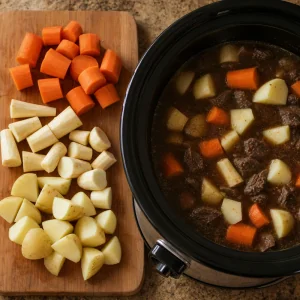 Carote pastinache e patate tagliate aggiunte allo stufato nella slow cooker