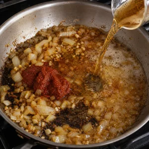 Cipolla aglio concentrato di pomodoro e birra deglassano il fondo rosolato in padella