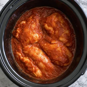 Chicken pieces coated with tomato-chipotle sauce in a slow cooker