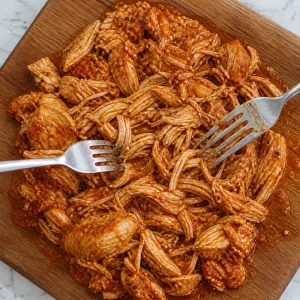 Cooked chicken tinga being shredded with two forks