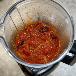 Tomato and chipotle sauce ingredients in a blender jar