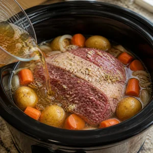 Broth and beer poured into the slow cooker around the beef and vegetables.