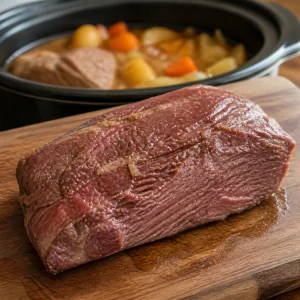 Cooked corned beef resting on a cutting board before slicing.