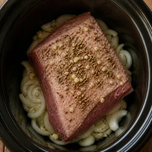 Pickling spices and minced garlic sprinkled over the corned beef.