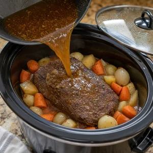 Brown broth mixture poured over the beef roast and root vegetables in the slow cooker