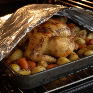 Browning roast chicken loosely tented with foil in the roasting pan
